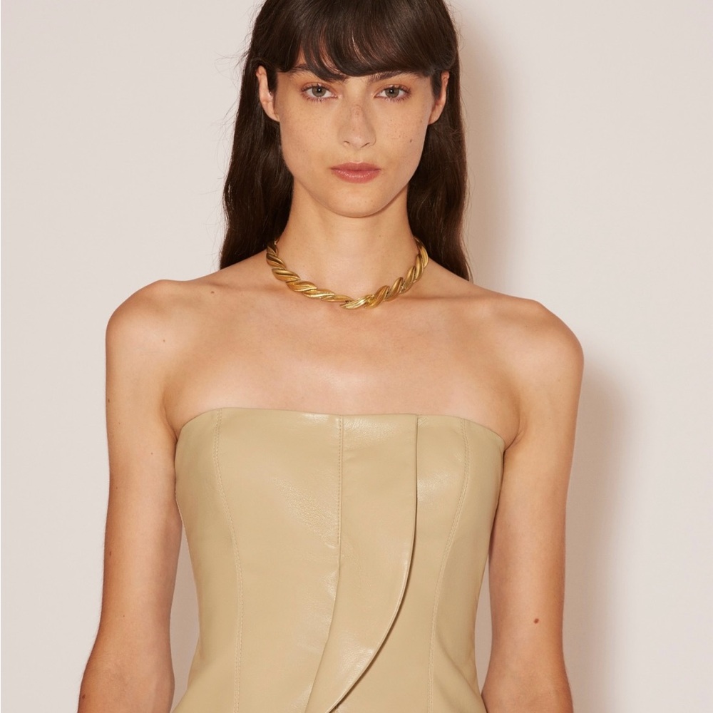 Nanushka Tan Strapless Asymmetrical Cocktail Dress